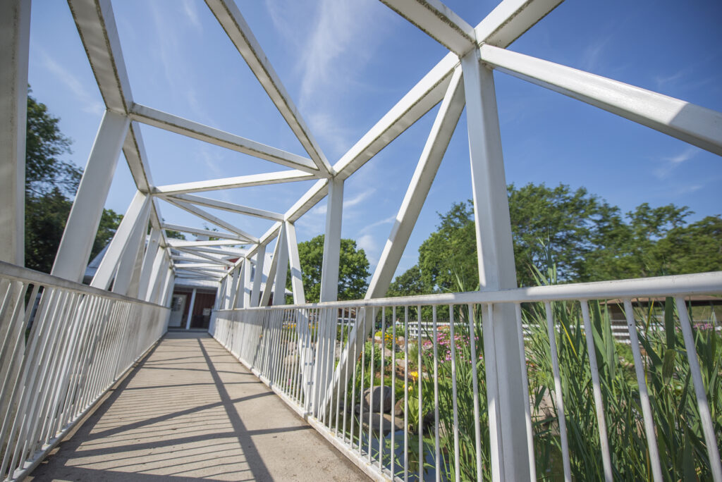 White bridge and walkway in Mankato Park.